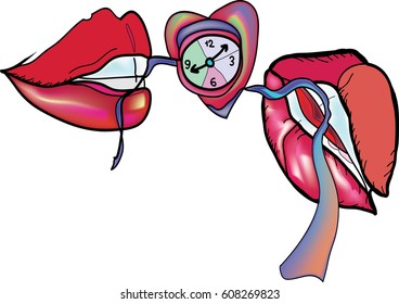 lips with a heart and a clock inside