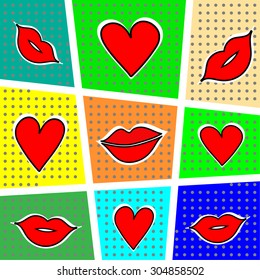 Lips and heart on a bright background. Vector illustration.