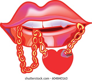 lips with a heart on a chain