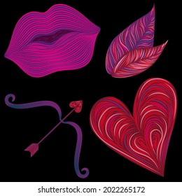 lips and heart quilling lines vector illustration