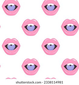 Lips with heart seamless pattern. Cute romantic background. 
