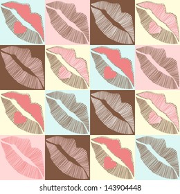 lips and heart vector background, seamless fashion pattern, pop art style