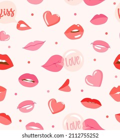 Lips and hearts cute seamless vector pattern in pastel color. Happy valentines day illustration. Flat style background for wrapping paper, packaging, wallpaper, cover, poster