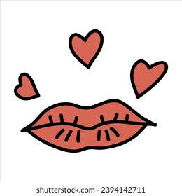 Lips and hearts, doodle vector illustration.