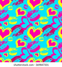 lips and hearts on a blue background Seamless vector pattern