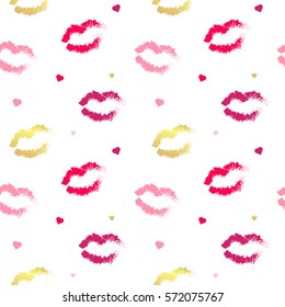 Lips with hearts patterns. Valentines Day pattern. Seamless pattern with a lipstick kiss prints on white background. Vector illustration