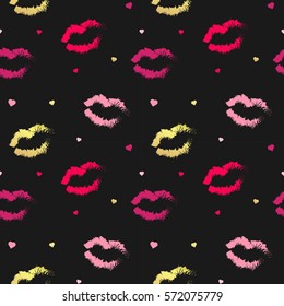 Lips with hearts patterns. Valentines Day pattern. Seamless pattern with a lipstick kiss prints on black background. Vector illustration