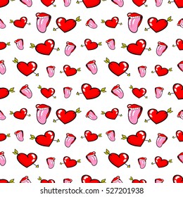Lips and Hearts Seamless Pattern. Love Background in Retro Fashion Style. Vector illustration