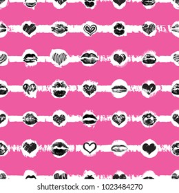 Lips and hearts seamless pattern on dots and lines background. Black and pink adult love seductive fashion print wrapping paper. World kiss day, Valentine's day, love and sex. Vector.