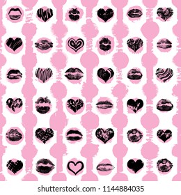 Lips and hearts seamless pattern on dots and lines background. Black and pink adult love seductive fashion print wrapping paper. World kiss day, Valentine's day, love and sex. Vector.