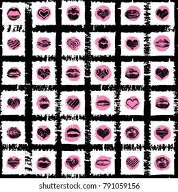 Lips and hearts seamless pattern on dots and lines background. Black and pink adult love seductive fashion print wrapping paper. World kiss day, Valentine's day, love and sex. Vector.