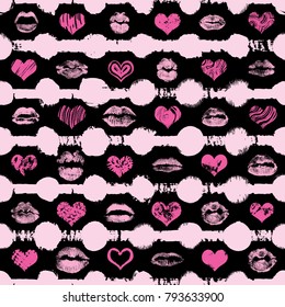 Lips and hearts seamless pattern on dots and lines background. Black and pink adult love seductive fashion print wrapping paper. World kiss day, Valentine's day, love and sex. Vector.