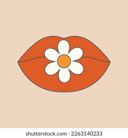 Lips hold a flower. Retro, psychedelic clip art. Hippie groovy illustration in flat style. 60's, 70's concept for card, sticker, merch.