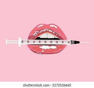 Lips holding a syringe. Beauty concept of lip filler lips. Esthetician nurse logo svg