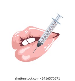 Labios sujetando una jeringa. Concepto de belleza de labios, relleno de labios. Icono médico, logotipo de cosmetología. Ilustración, vector