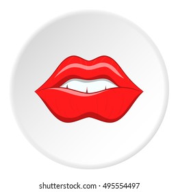 Lips icon in cartoon style isolated on white circle background. Kiss symbol vector illustration