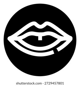 Lips icon with a gap tooth, minimalist black and white silhouette symbolizing speech, communication, dialogue, talking and interaction for apps, web, branding and ui design