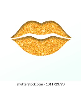 Lips icon with glitter effect, isolated on white background. Yellow outline icon of mouth, vector pictogram. Symbol of kiss from golden particles dust.
