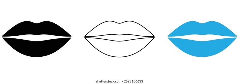 Icono de los labios aislado en el fondo blanco. Tres labios modernos en contorno negro y azul perfectos para diseños de la Ilustración vectorial o de la moda, labios aislados en el fondo blanco.