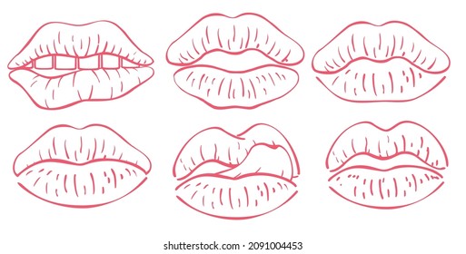 Lips icon or logo isolated sign. Lips symbol set. Teeth behind lips, tongue licks lips. Mouth shape. Facial expressions. Vector illustration.