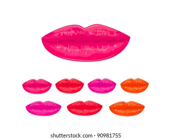 Lips icon set in different color - red pink orange. Vector illustration