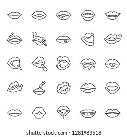 Lips, icon set. Mouth, linear icons. Line with editable stroke
