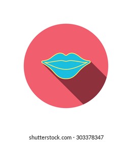 Lips icon. Smiling mouth sign. Red flat circle button. Linear icon with shadow. Vector