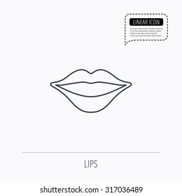 Lips icon. Smiling mouth sign. Linear outline icon. Speech bubble of dotted line. Vector