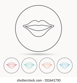 Lips icon. Smiling mouth sign. Linear circle icons.