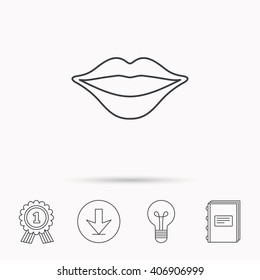 Lips icon. Smiling mouth sign. Download arrow, lamp, learn book and award medal icons.