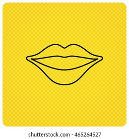 Lips icon. Smiling mouth sign. Linear icon on orange background. Vector