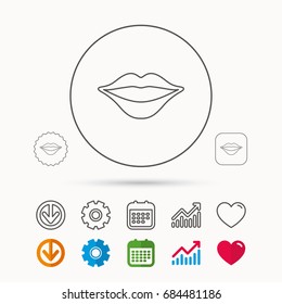 Lips icon. Smiling mouth sign. Calendar, Graph chart and Cogwheel signs. Download and Heart love linear web icons. Vector