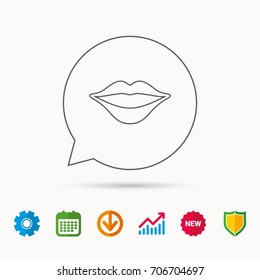 Lips icon. Smiling mouth sign. Calendar, Graph chart and Cogwheel signs. Download and Shield web icons. Vector