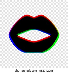 Lips icon. Vector. Black icon with red-green-blue contours on transparent background.
