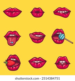 Icono de labios. Ilustración vectorial de labios de mujer sexy expresando diferentes emociones,