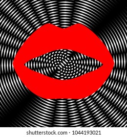 Lips icon. Vector. Red icon on white and black radial interference as background.