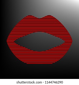 Lips icon. Vector. Striped red and black icon at gradient blackish background. Zebra.