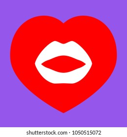 Lips icon. Vector. White icon in red heart at lavender background.