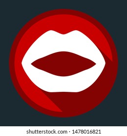 Lips icon. White icon with shadow on round red button at dark cyan background. Illustration.