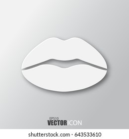 Lips icon in white style with shadow isolated on grey background. For your design, logo. Vector illustration.