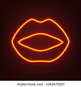 Lips icon. Yellow, orange, red neon icon at dark reddish background. Illumination. Illustration.