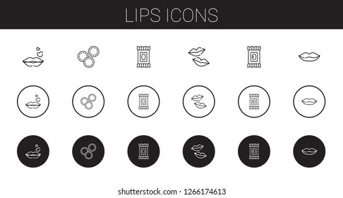 lips icons set. Collection of lips with kiss, makeup remover wipes. Editable and scalable lips icons.