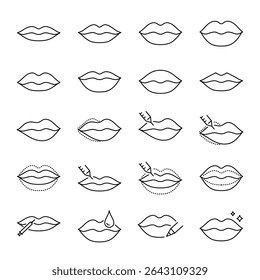 Lips icons set. Lip lifting surgery, lip fillers before and after signs, line style editable stroke. Lips asymmetry correction.