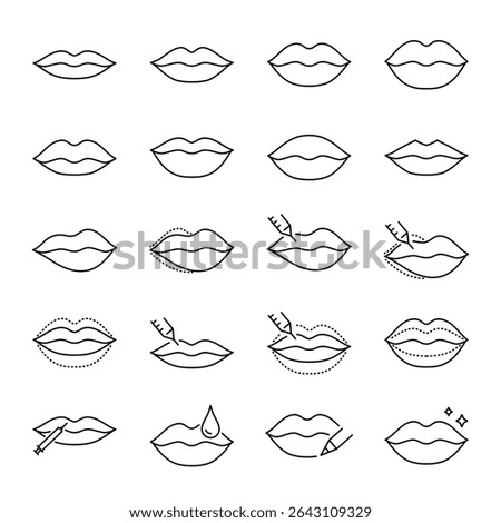 Lips icons set. Lip lifting surgery, lip fillers before and after signs, line style editable stroke. Lips asymmetry correction.