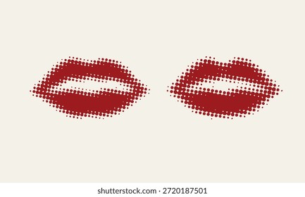 Ilustração de lábios com textura de meio-tom em um estilo retrô. Adequado para marca de beleza, design de cosméticos, gráficos de moda, visuais de arte pop e temas românticos.