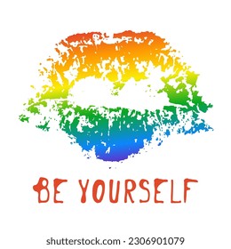 Lips imprint LGBT flag rainbow colors,hand drawn pride month traces decoration.Kisses, people's rights movement,diversity love time design.Isolated.Vector illustration