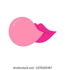 Los labios inflan burbujas de chicle. Los labios femeninos soplan chicle rosado. Dulces masticando caramelos. Ilustración vectorial al estilo de las caricaturas. Fondo blanco aislado.