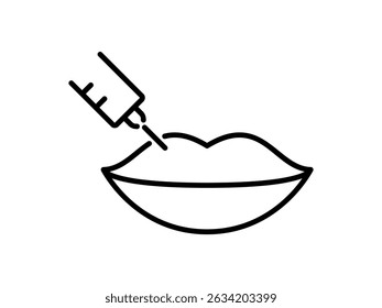 Lábios com um ícone de linha de injeção. Procedimento de aumento dos lábios. Beleza e conceito da indústria cosmética. Enchimento com ácido hialurónico. Cirurgia de correção estética ou plástica. Símbolo de preto. Ilustração vetorial 