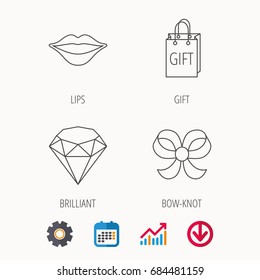 Lips kiss, brilliant and gift icons. Bow-knot linear sign. Calendar, Graph chart and Cogwheel signs. Download colored web icon. Vector