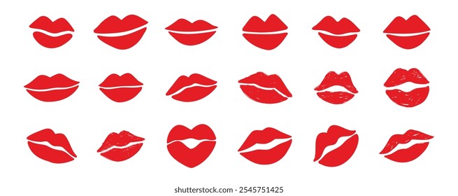 Los labios besan al Clipart. Los labios besan símbolos de silueta dibujados a mano. Conjunto de Elementos de dibujo de dibujos animados de labios rojos. Ilustración vectorial